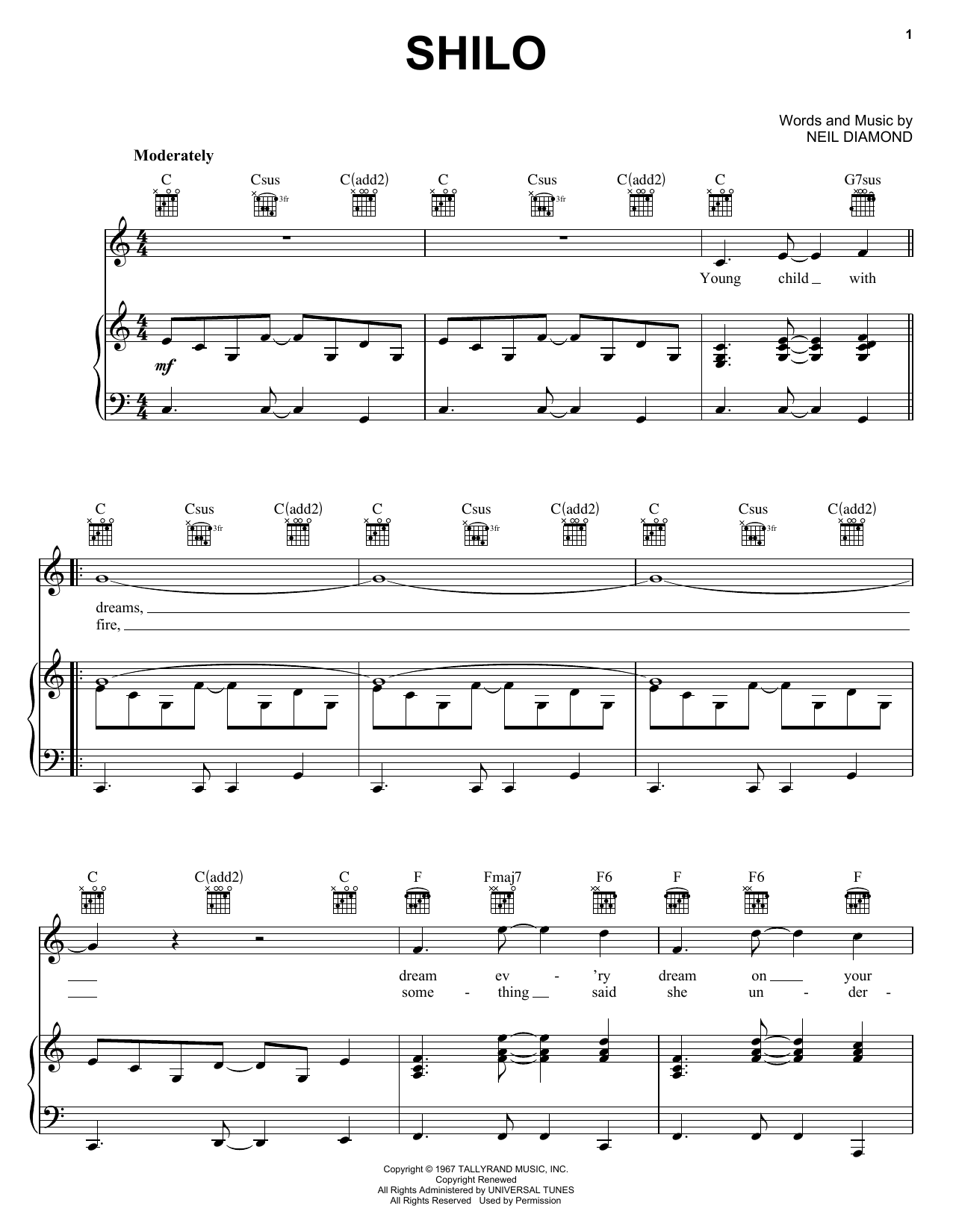 Neil Diamond Shilo sheet music notes and chords arranged for Easy Piano