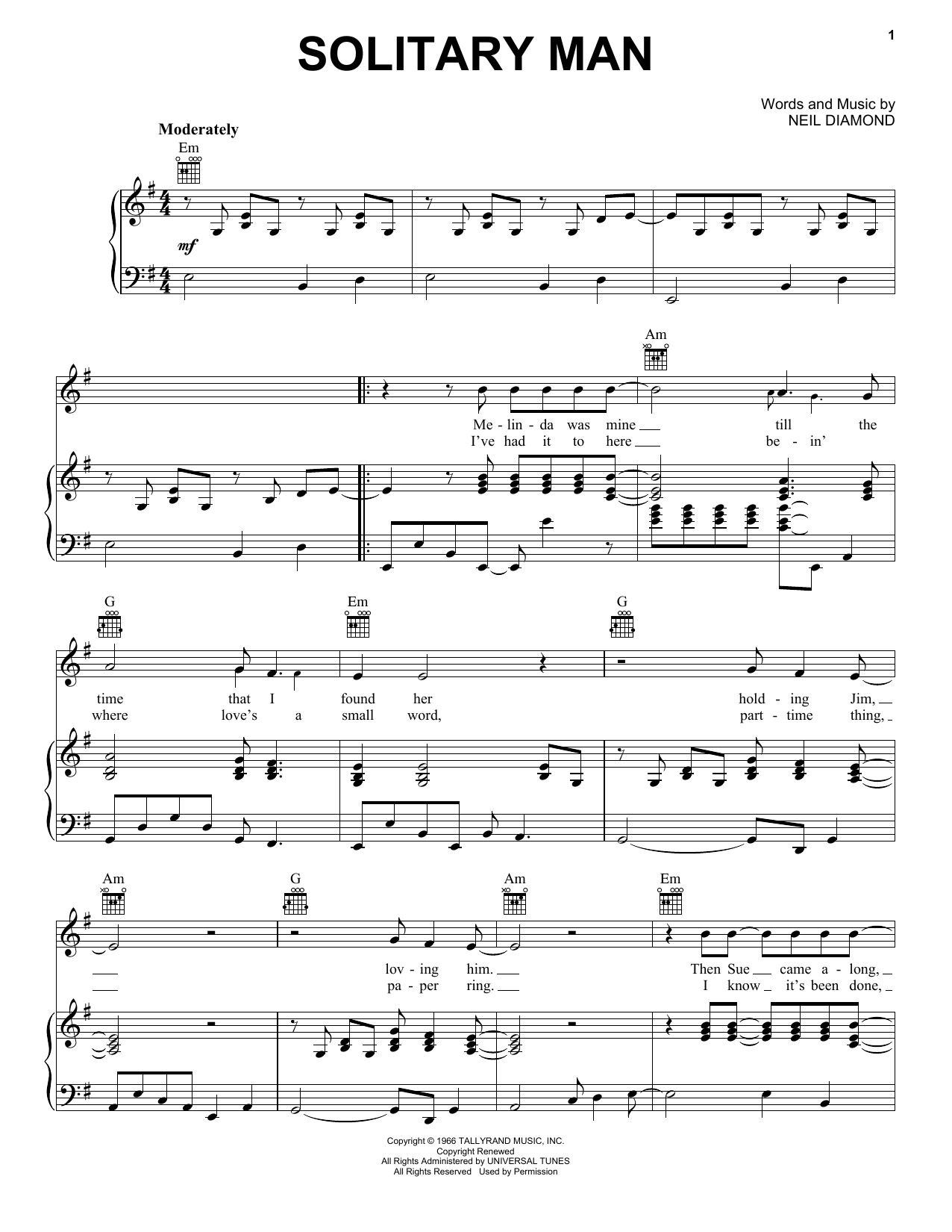 Neil Diamond Solitary Man sheet music notes and chords arranged for Easy Guitar Tab