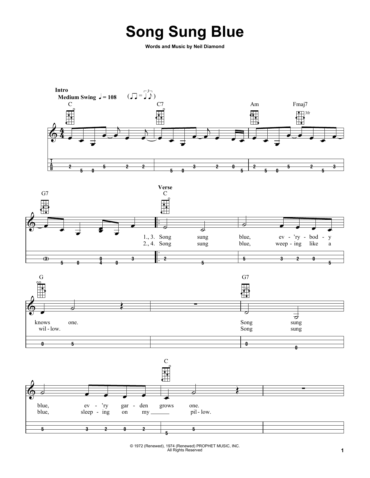 Neil Diamond Song Sung Blue (arr. Bobby Westfall) sheet music notes and chords arranged for Mandolin