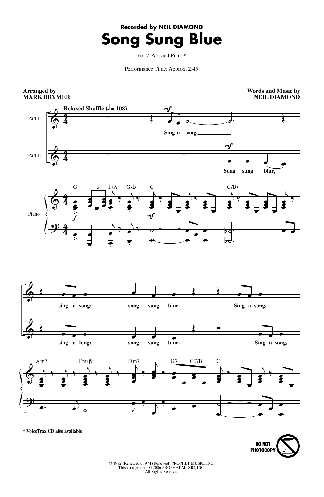 Neil Diamond Song Sung Blue (arr. Mark Brymer) sheet music notes and chords arranged for 2-Part Choir