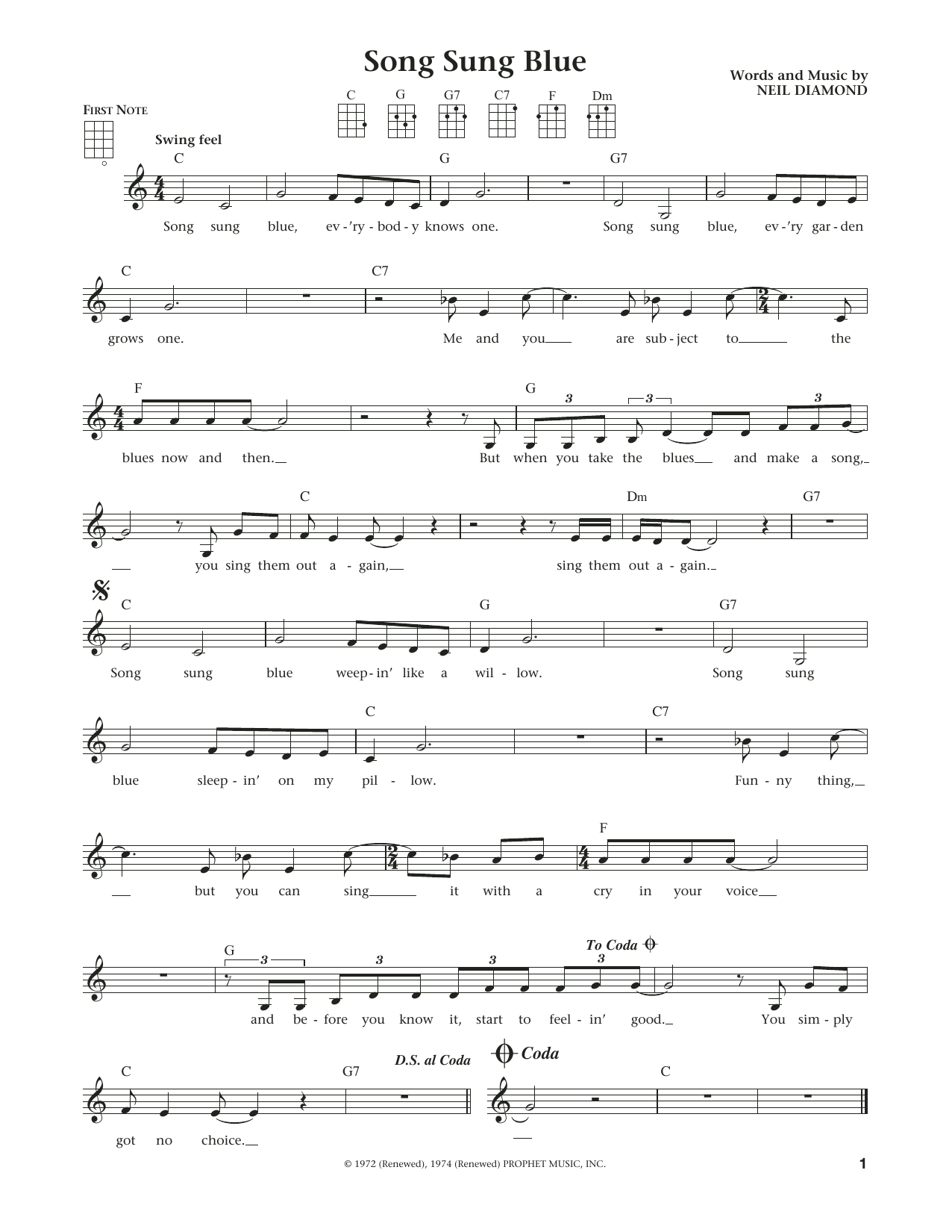 Neil Diamond Song Sung Blue (from The Daily Ukulele) (arr. Liz and Jim Beloff) sheet music notes and chords arranged for Ukulele
