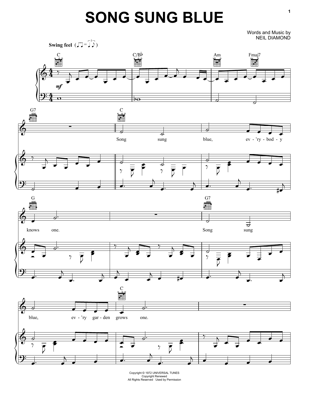 Neil Diamond Song Sung Blue sheet music notes and chords arranged for Piano, Vocal & Guitar Chords (Right-Hand Melody)
