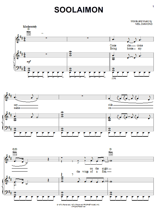 Neil Diamond Soolaimon sheet music notes and chords arranged for Easy Guitar Tab