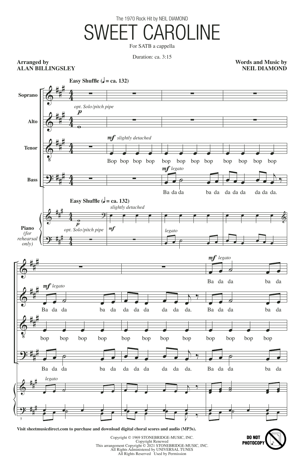 Neil Diamond Sweet Caroline (arr. Alan Billingsley) sheet music notes and chords arranged for SATB Choir