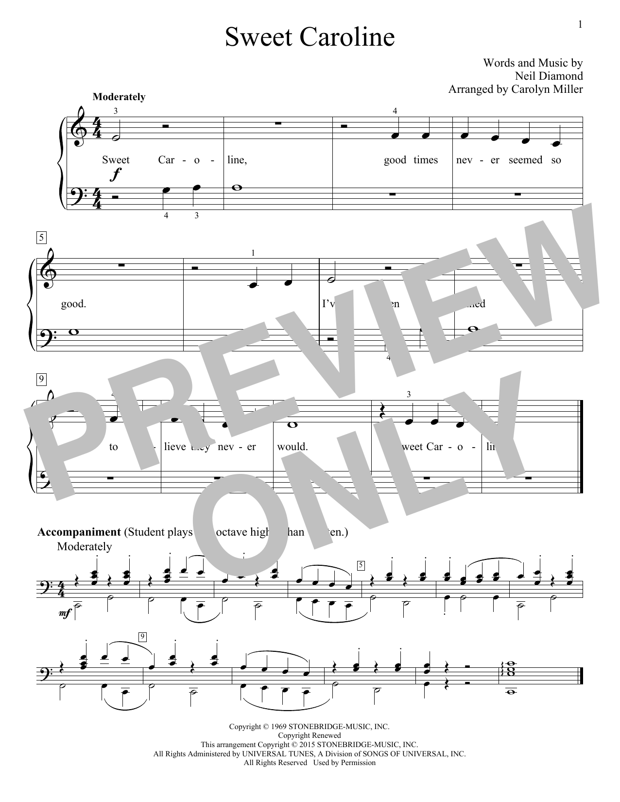 Neil Diamond Sweet Caroline (arr. Carolyn Miller) sheet music notes and chords arranged for Educational Piano
