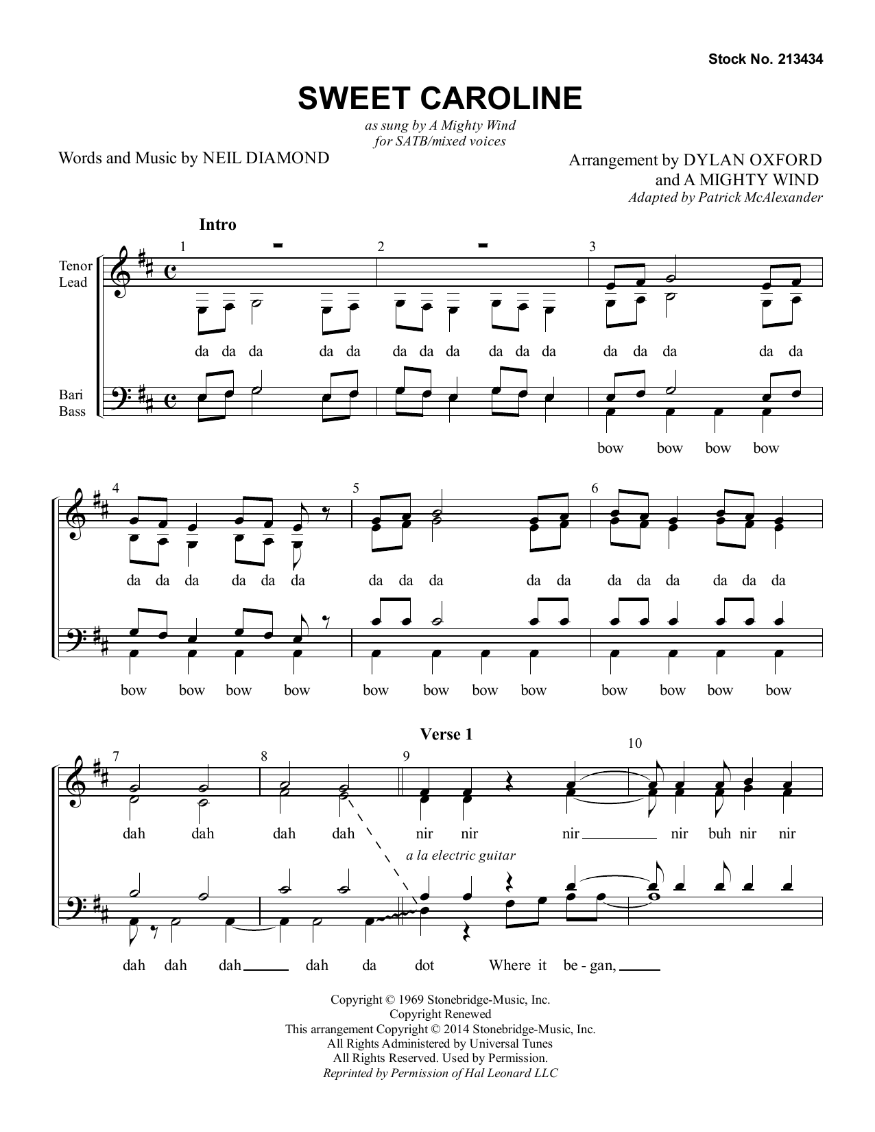 Neil Diamond Sweet Caroline (arr. Dylan Oxford & A Mighty Wind) sheet music notes and chords arranged for SATB Choir