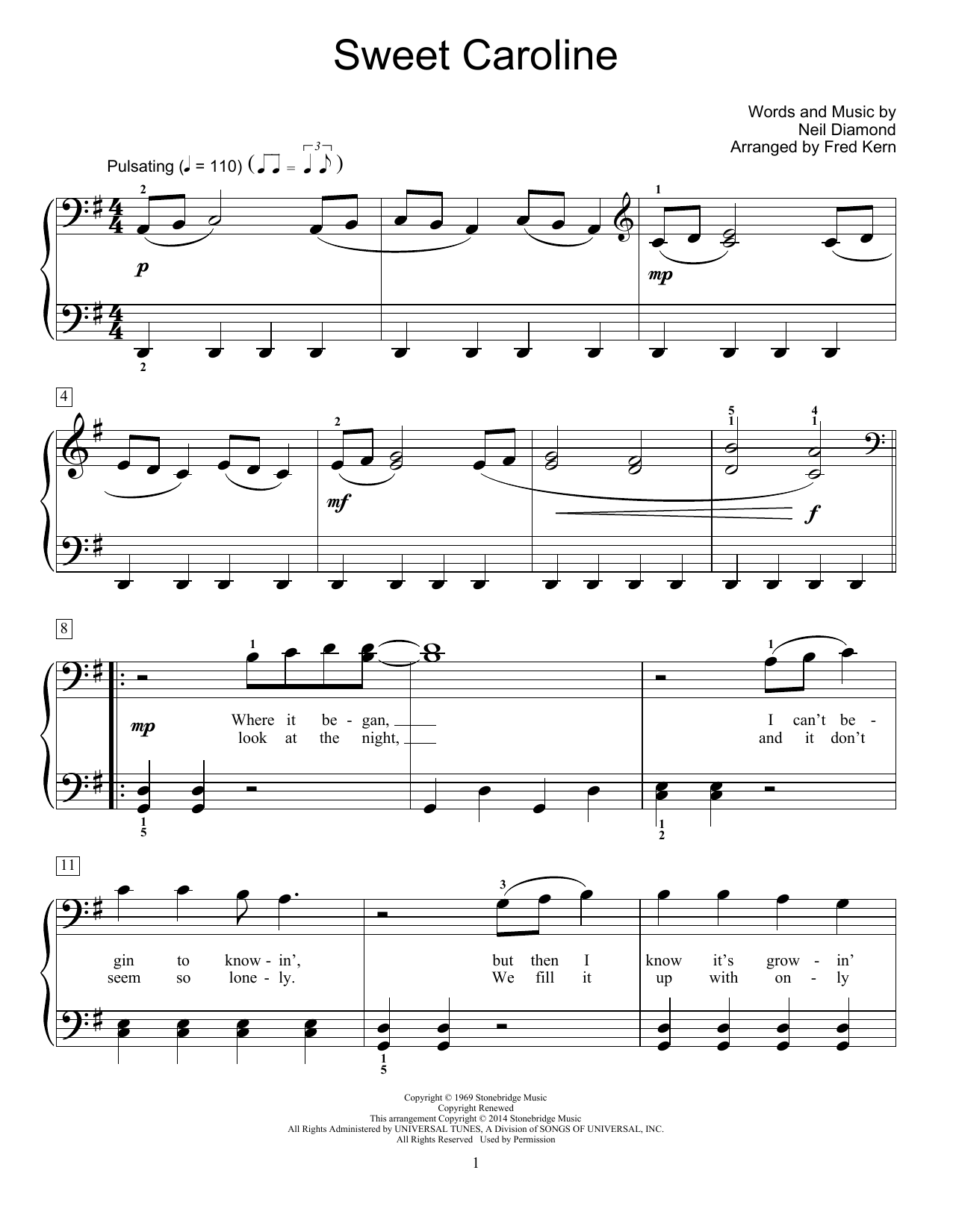 Neil Diamond Sweet Caroline (arr. Fred Kern) sheet music notes and chords arranged for Educational Piano