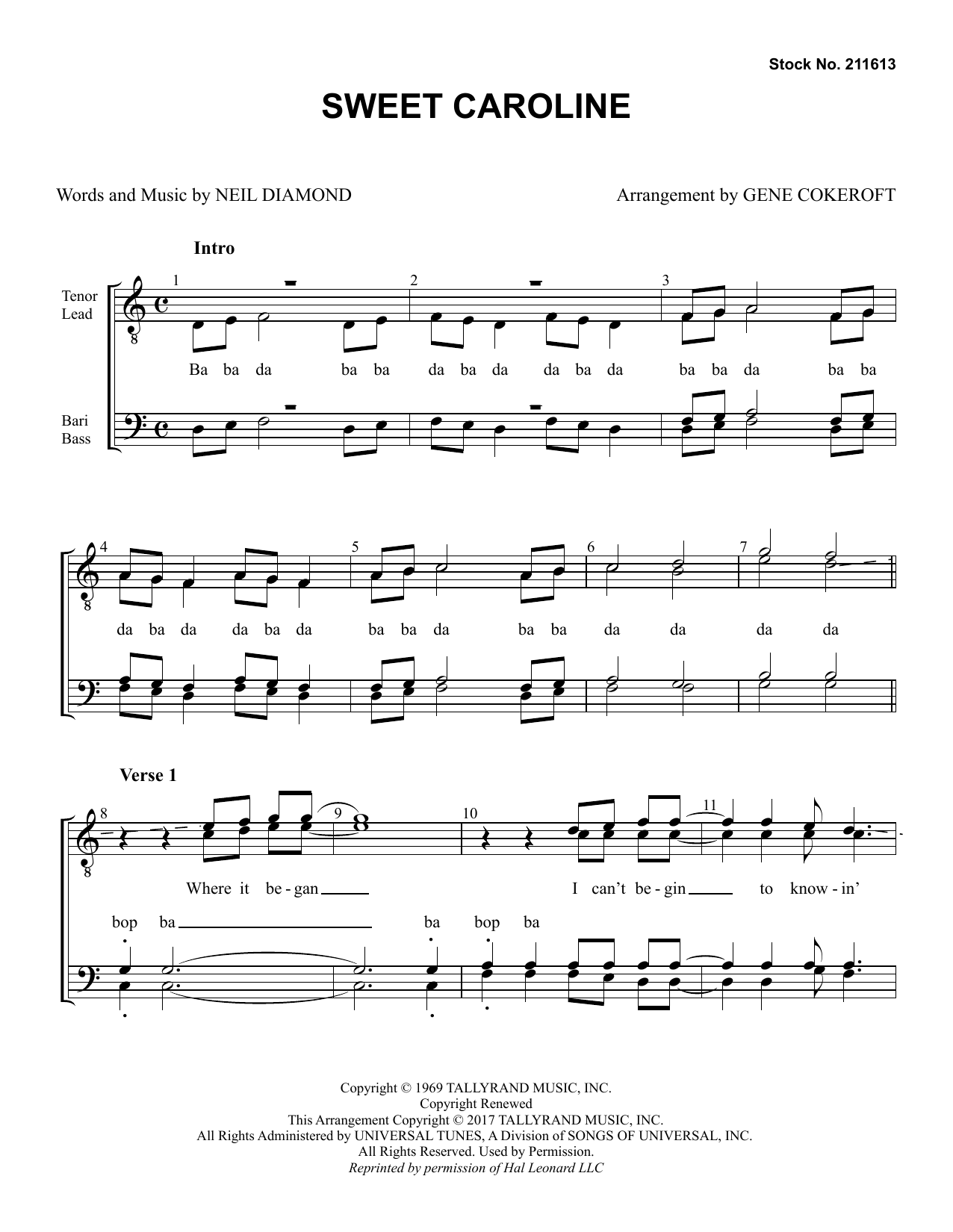 Neil Diamond Sweet Caroline (arr. Gene Cokeroft) sheet music notes and chords arranged for TTBB Choir