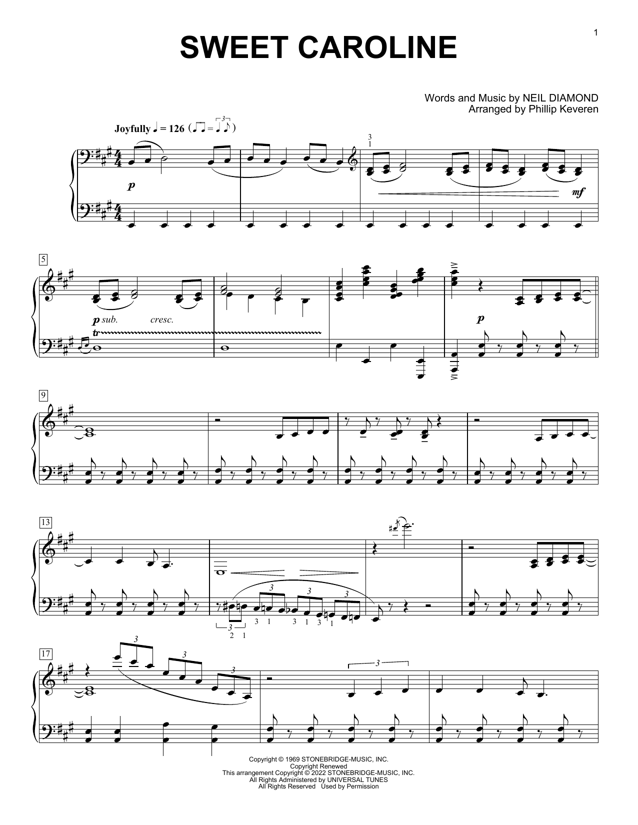 Neil Diamond Sweet Caroline (arr. Phillip Keveren) sheet music notes and chords arranged for Piano Solo