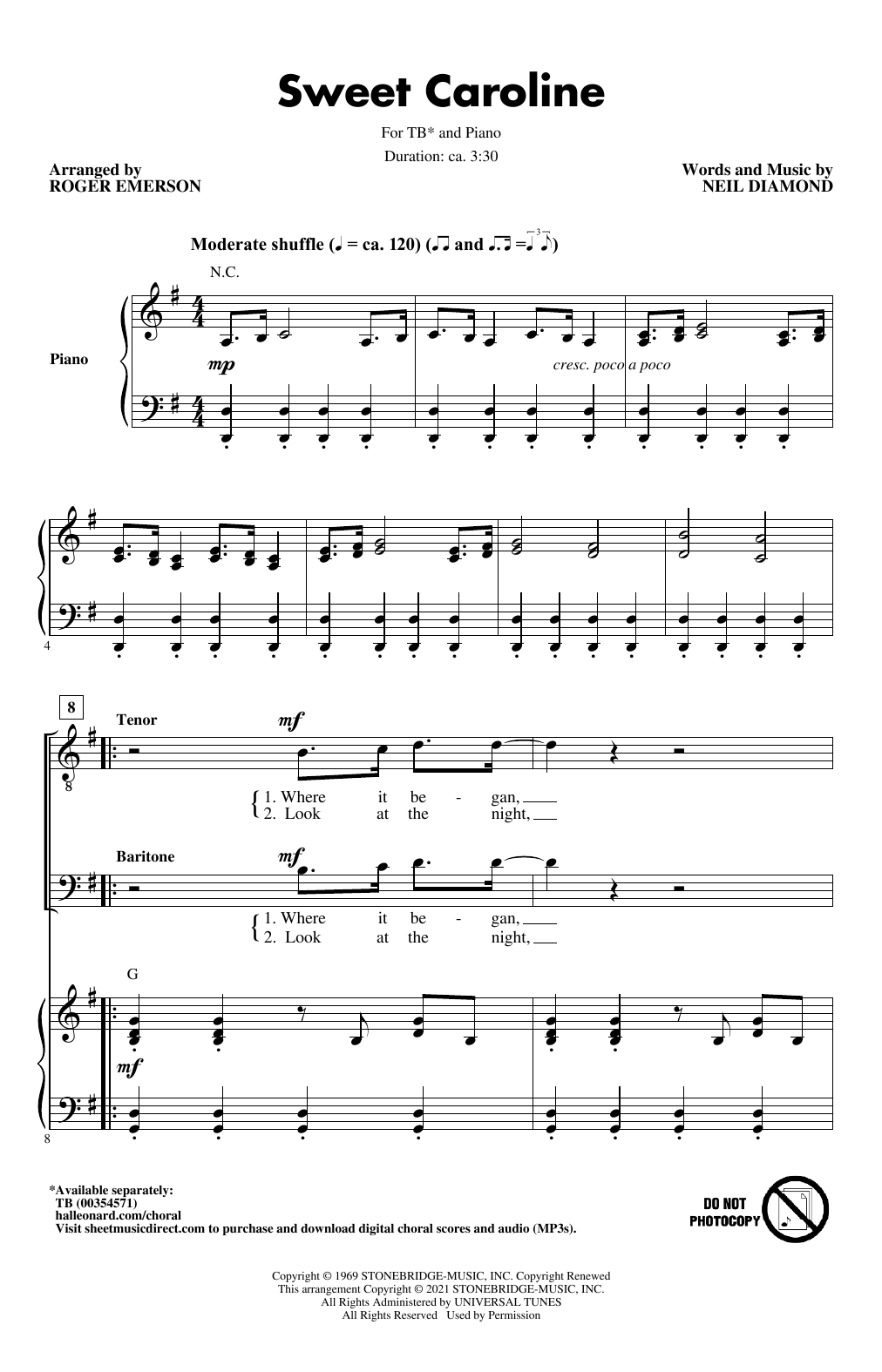 Neil Diamond Sweet Caroline (arr. Roger Emerson) sheet music notes and chords arranged for TB Choir