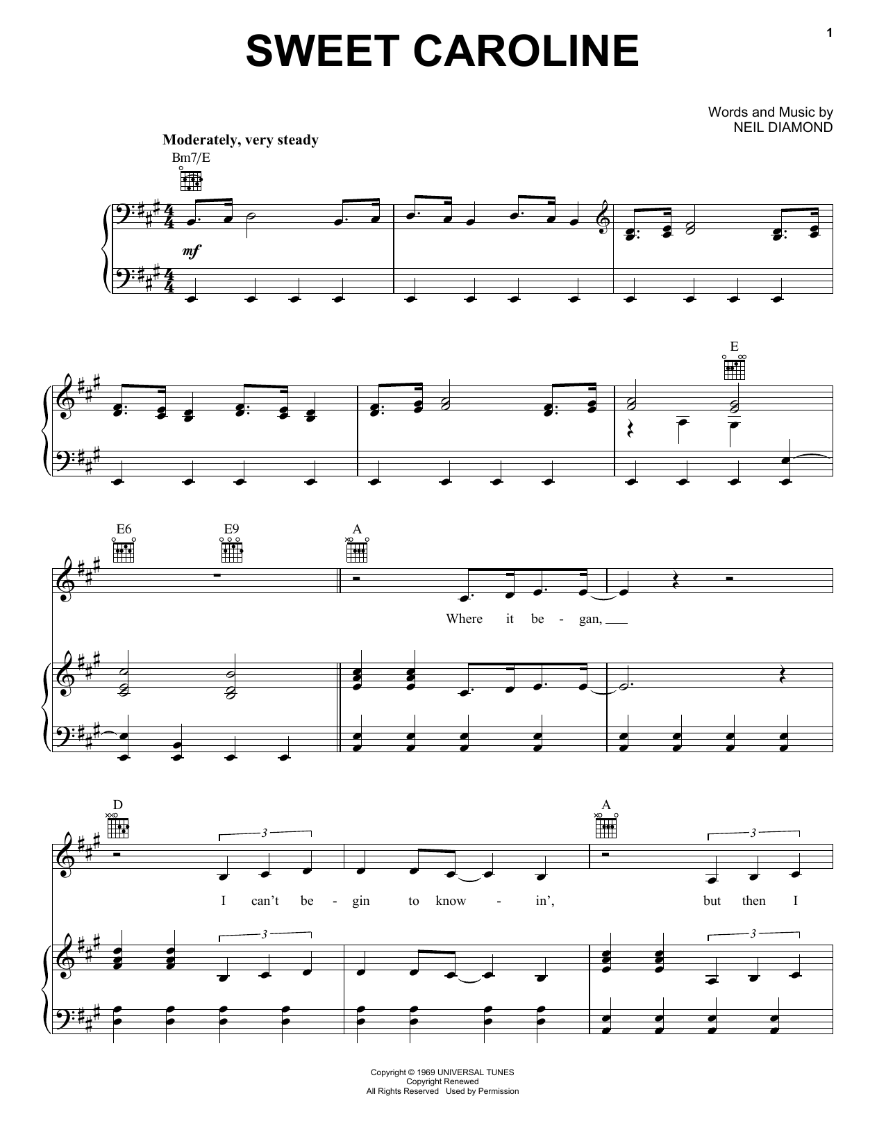 Neil Diamond Sweet Caroline sheet music notes and chords arranged for Ukulele Chords/Lyrics