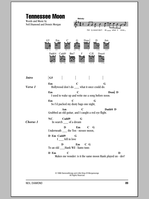 Neil Diamond Tennessee Moon sheet music notes and chords arranged for Piano, Vocal & Guitar Chords