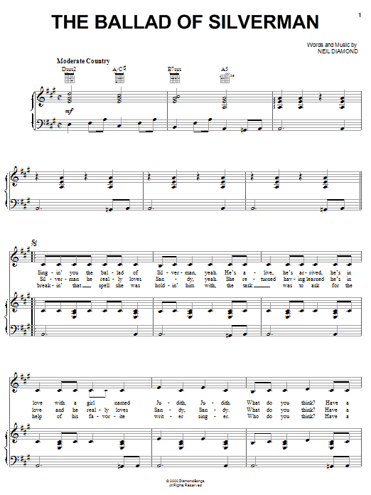 Neil Diamond The Ballad Of Silverman sheet music notes and chords arranged for Piano, Vocal & Guitar Chords (Right-Hand Melody)