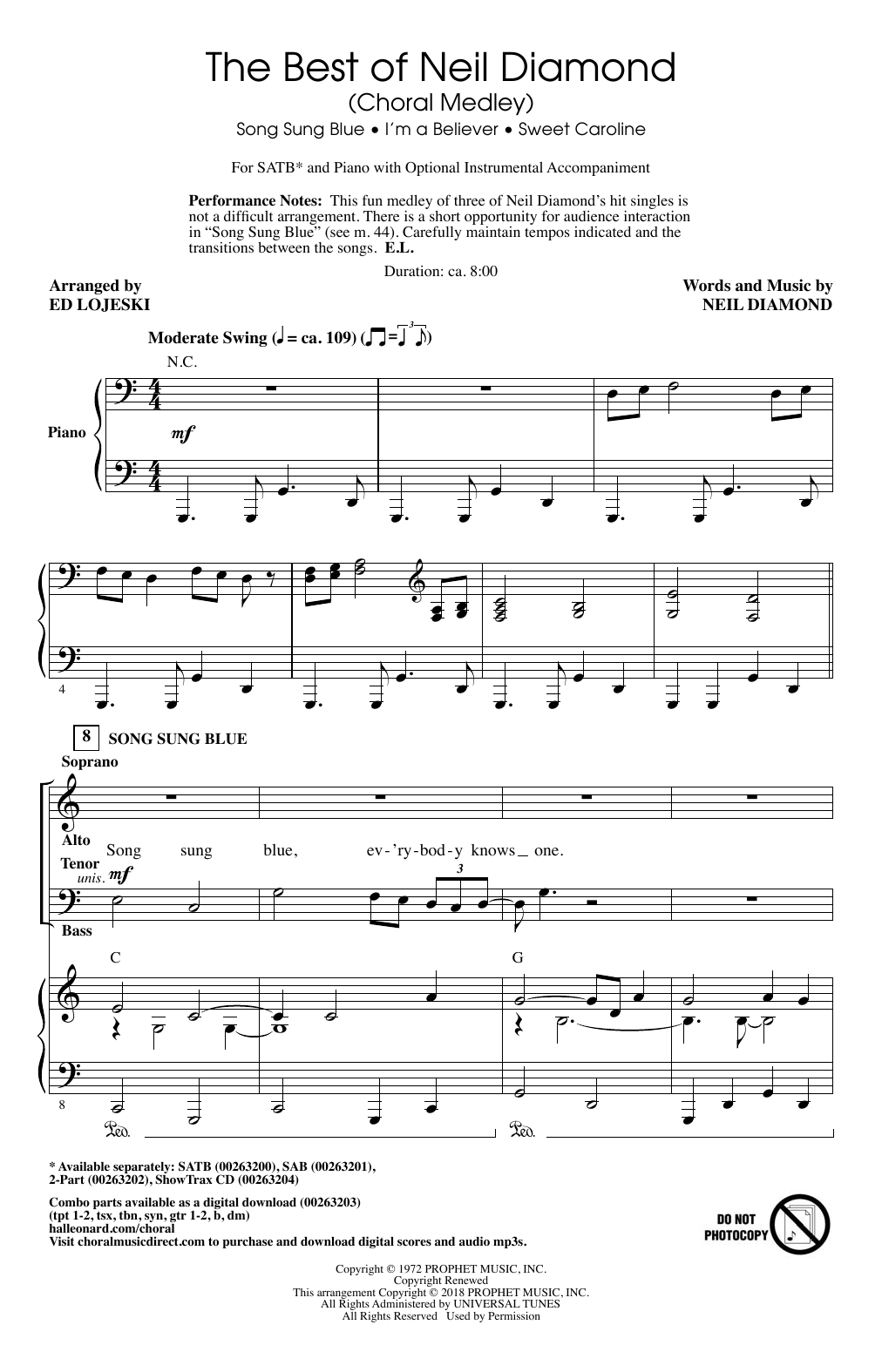 Neil Diamond The Best of Neil Diamond (arr. Ed Lojeski) sheet music notes and chords arranged for 2-Part Choir