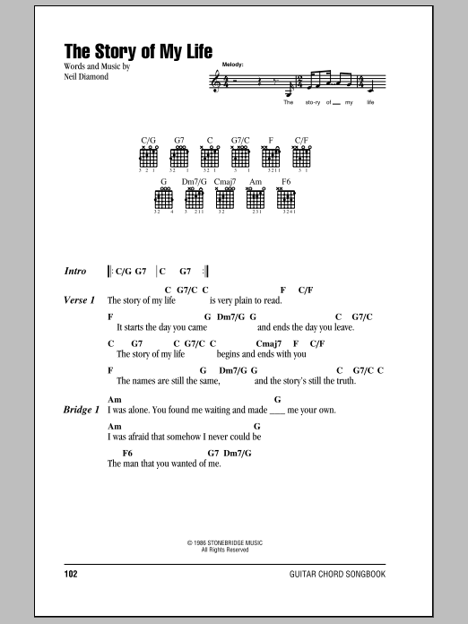 Neil Diamond The Story Of My Life sheet music notes and chords arranged for Guitar Chords/Lyrics