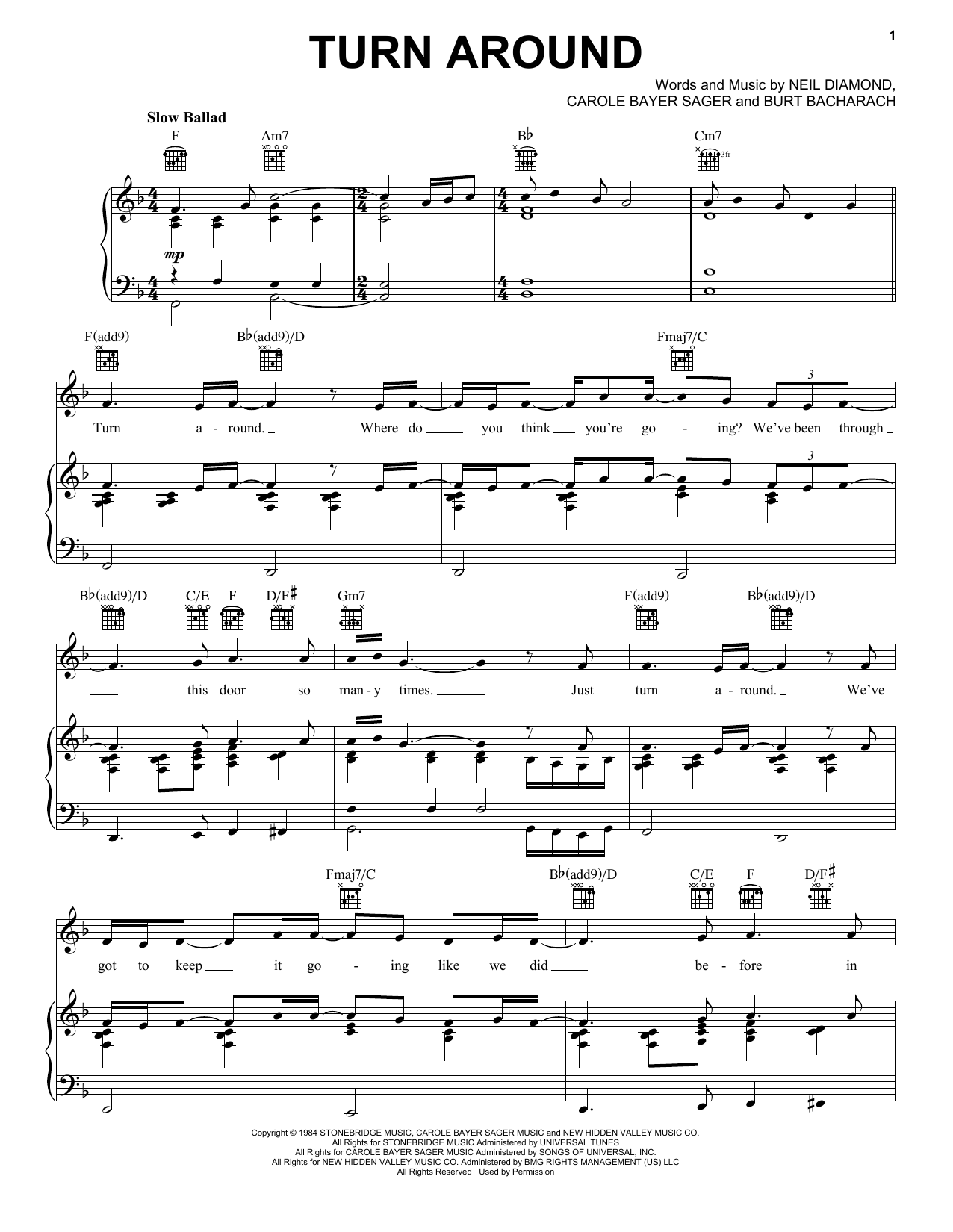 Neil Diamond Turn Around sheet music notes and chords arranged for Piano, Vocal & Guitar Chords (Right-Hand Melody)