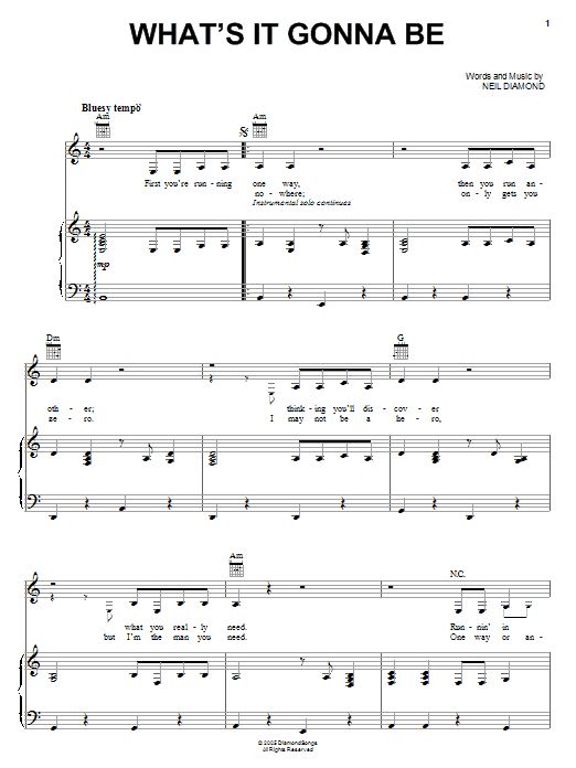 Neil Diamond What's It Gonna Be sheet music notes and chords arranged for Piano, Vocal & Guitar Chords (Right-Hand Melody)