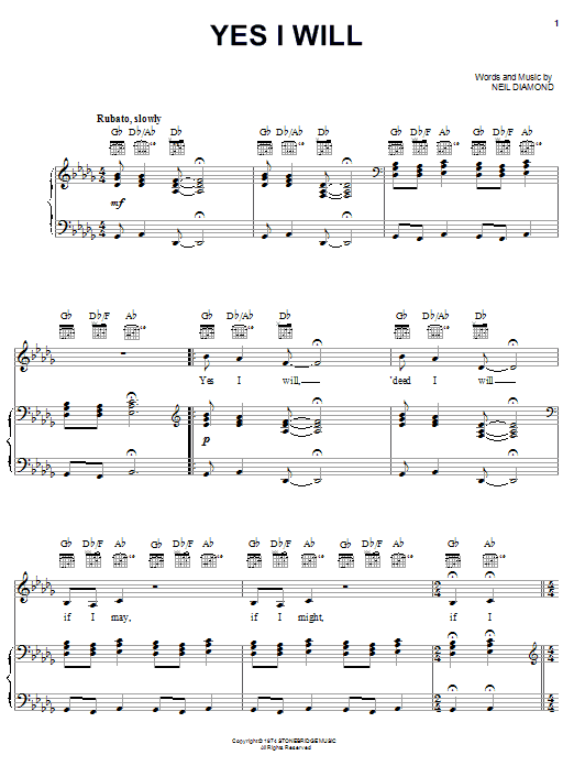 Neil Diamond Yes I Will sheet music notes and chords arranged for Piano, Vocal & Guitar Chords (Right-Hand Melody)