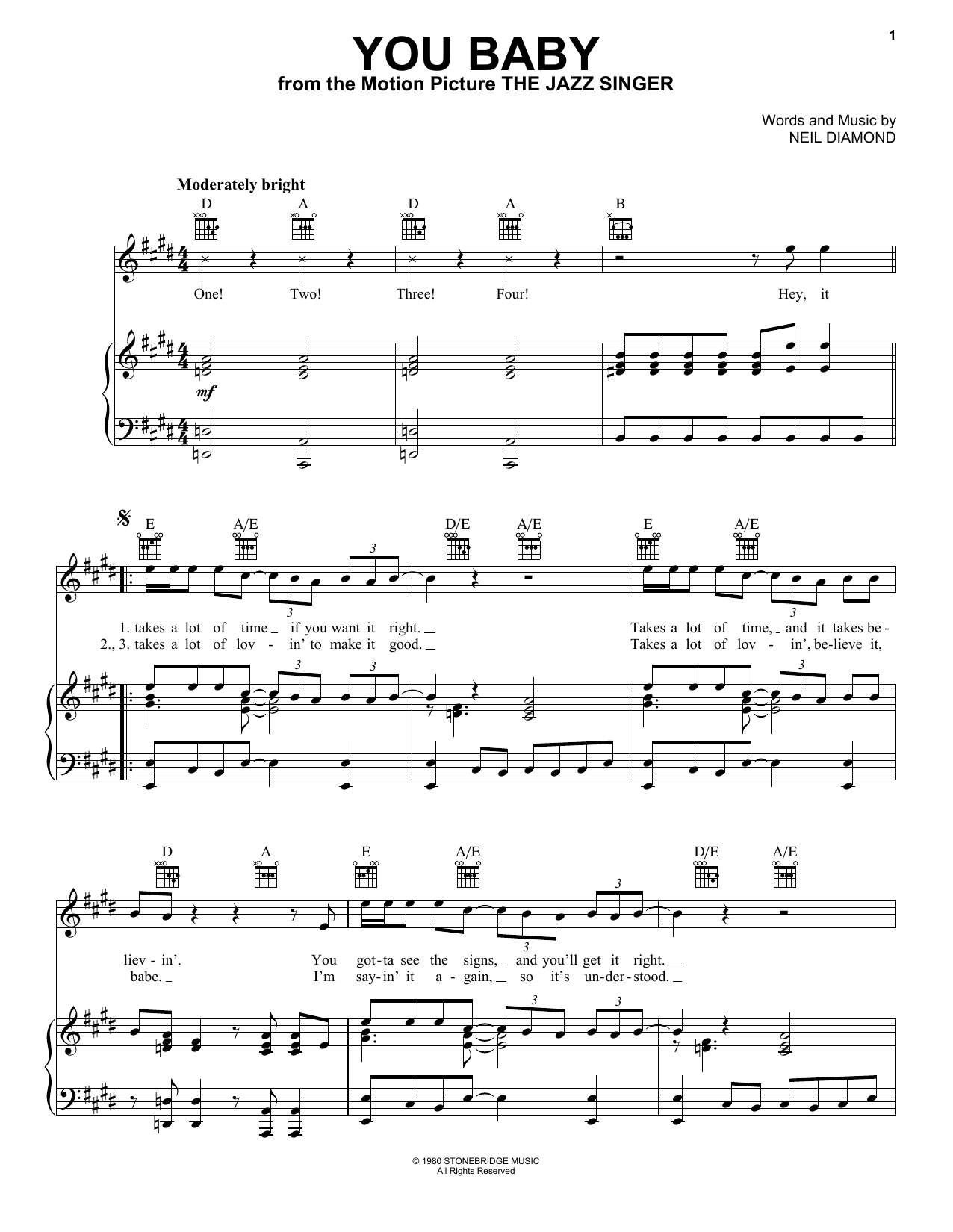 Neil Diamond You Baby sheet music notes and chords arranged for Piano, Vocal & Guitar Chords (Right-Hand Melody)