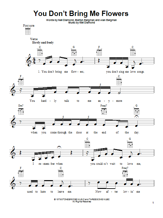 Neil Diamond You Don't Bring Me Flowers sheet music notes and chords arranged for Ukulele