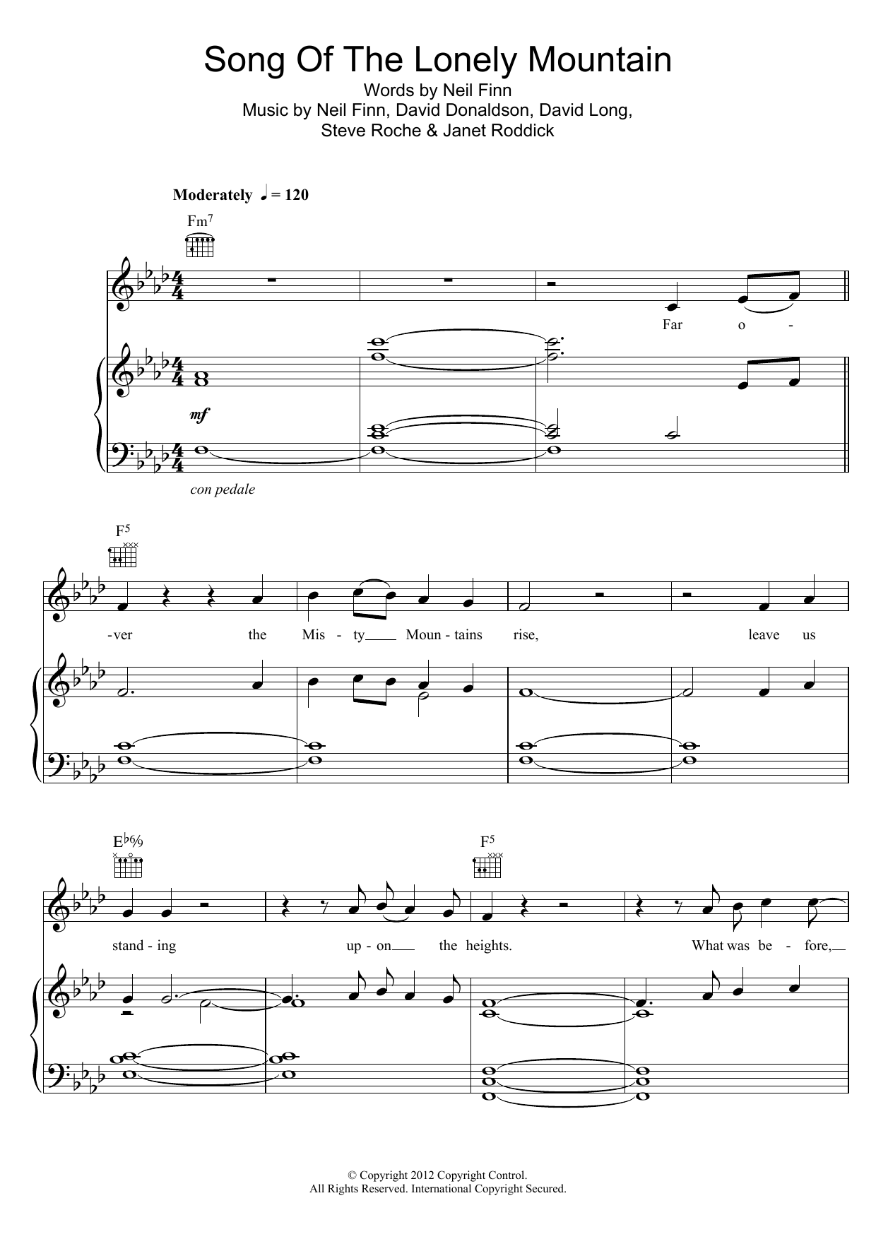 Neil Finn Song Of The Lonely Mountain (from The Hobbit) sheet music notes and chords arranged for Piano, Vocal & Guitar Chords