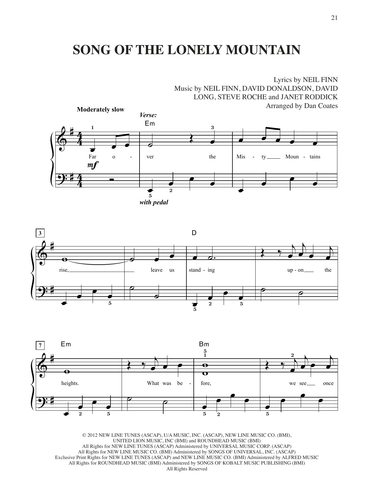 Neil Finn Song Of The Lonely Mountain (from The Hobbit: An Unexpected Journey) sheet music notes and chords arranged for Easy Piano