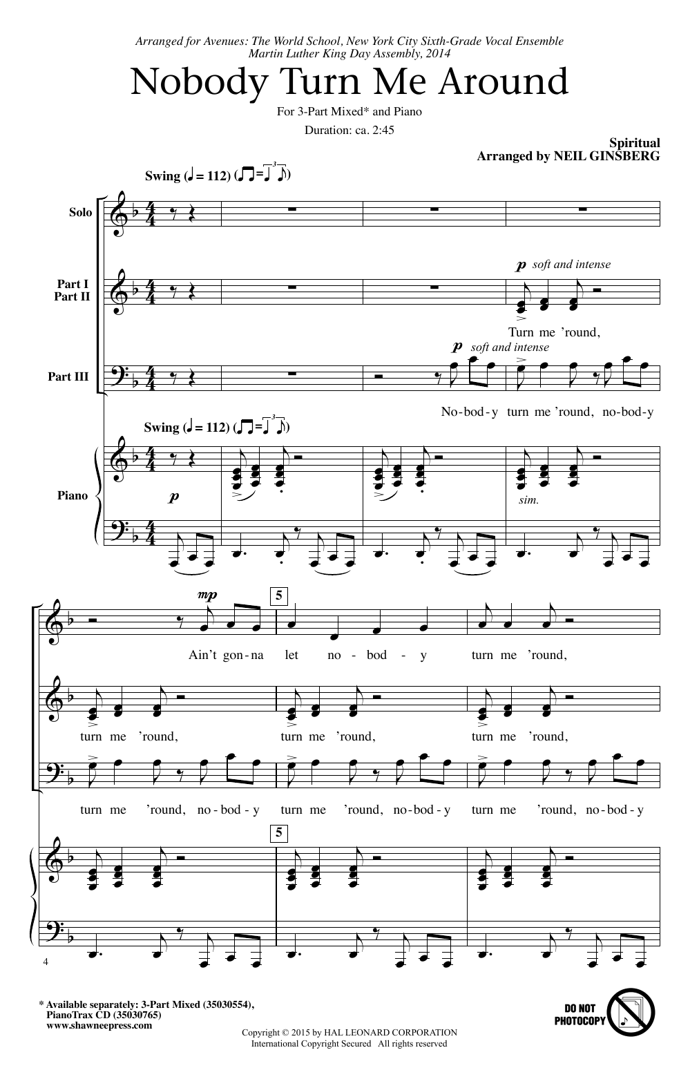 Neil Ginsberg Nobody Turn Me Around (arr. Neil Ginsberg) sheet music notes and chords arranged for 3-Part Mixed Choir