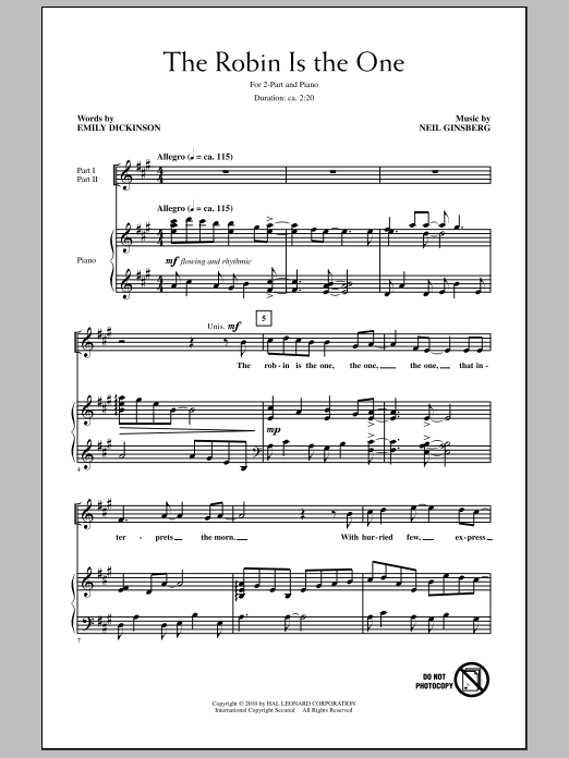 Neil Ginsberg The Robin Is The One sheet music notes and chords arranged for 2-Part Choir