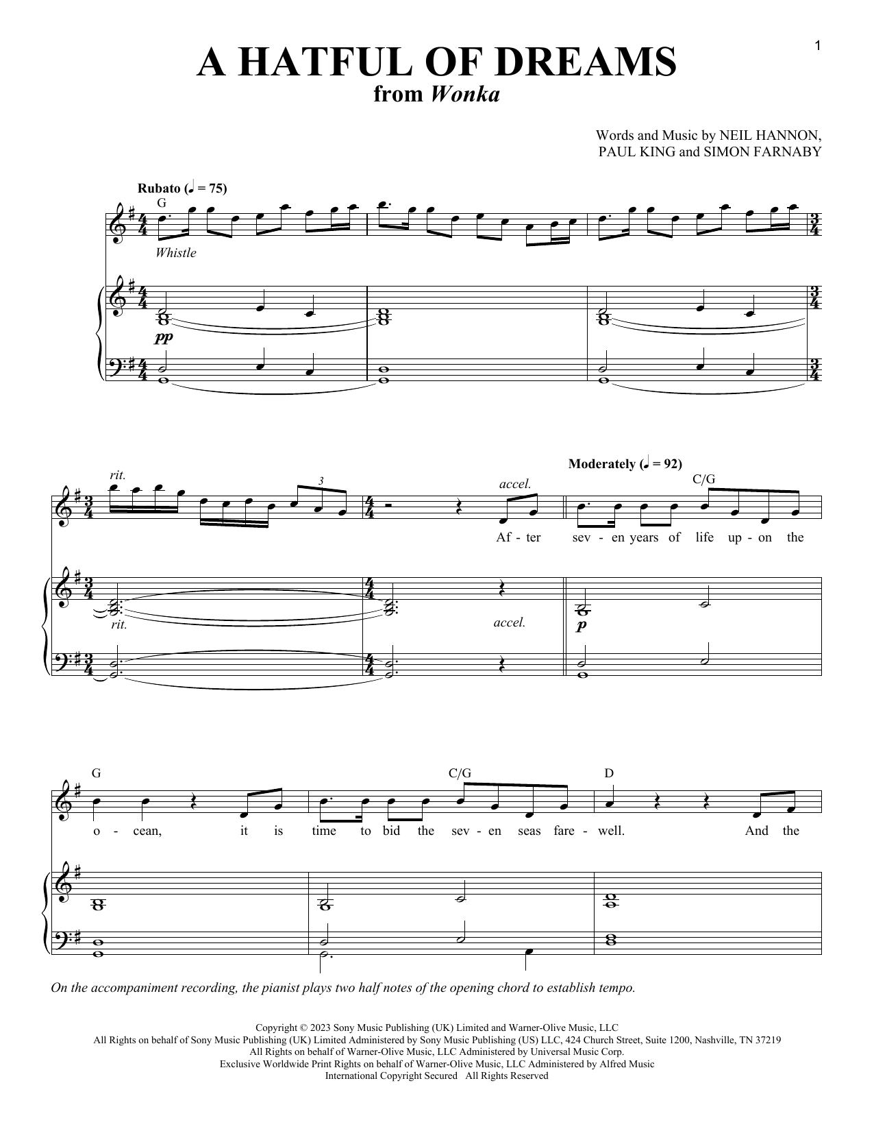 Neil Hannon A Hatful Of Dreams (from Wonka) sheet music notes and chords arranged for Piano & Vocal