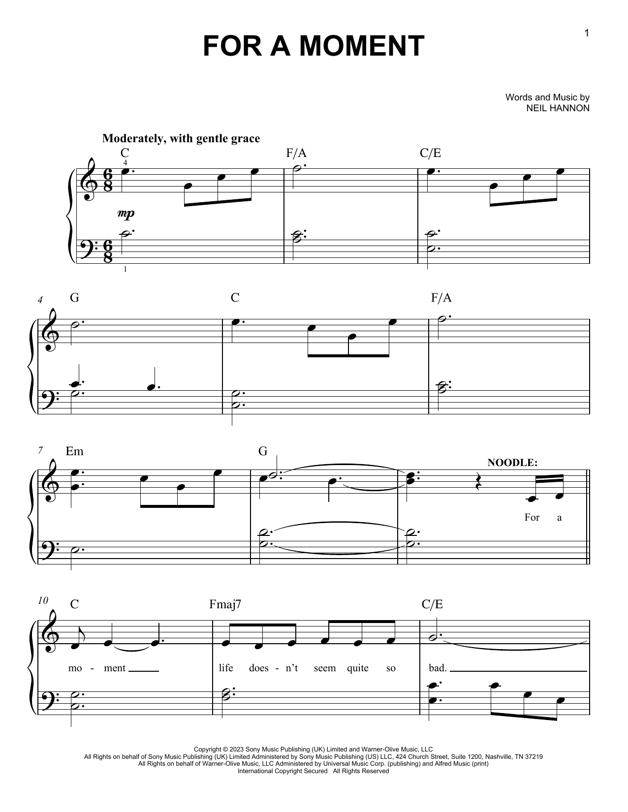 Neil Hannon For A Moment (from Wonka) sheet music notes and chords arranged for Easy Piano