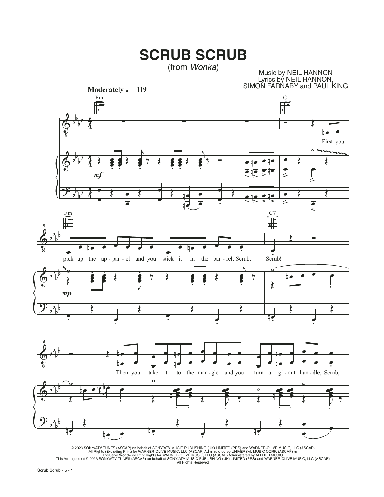 Neil Hannon Scrub Scrub (from Wonka) sheet music notes and chords arranged for Piano, Vocal & Guitar Chords (Right-Hand Melody)