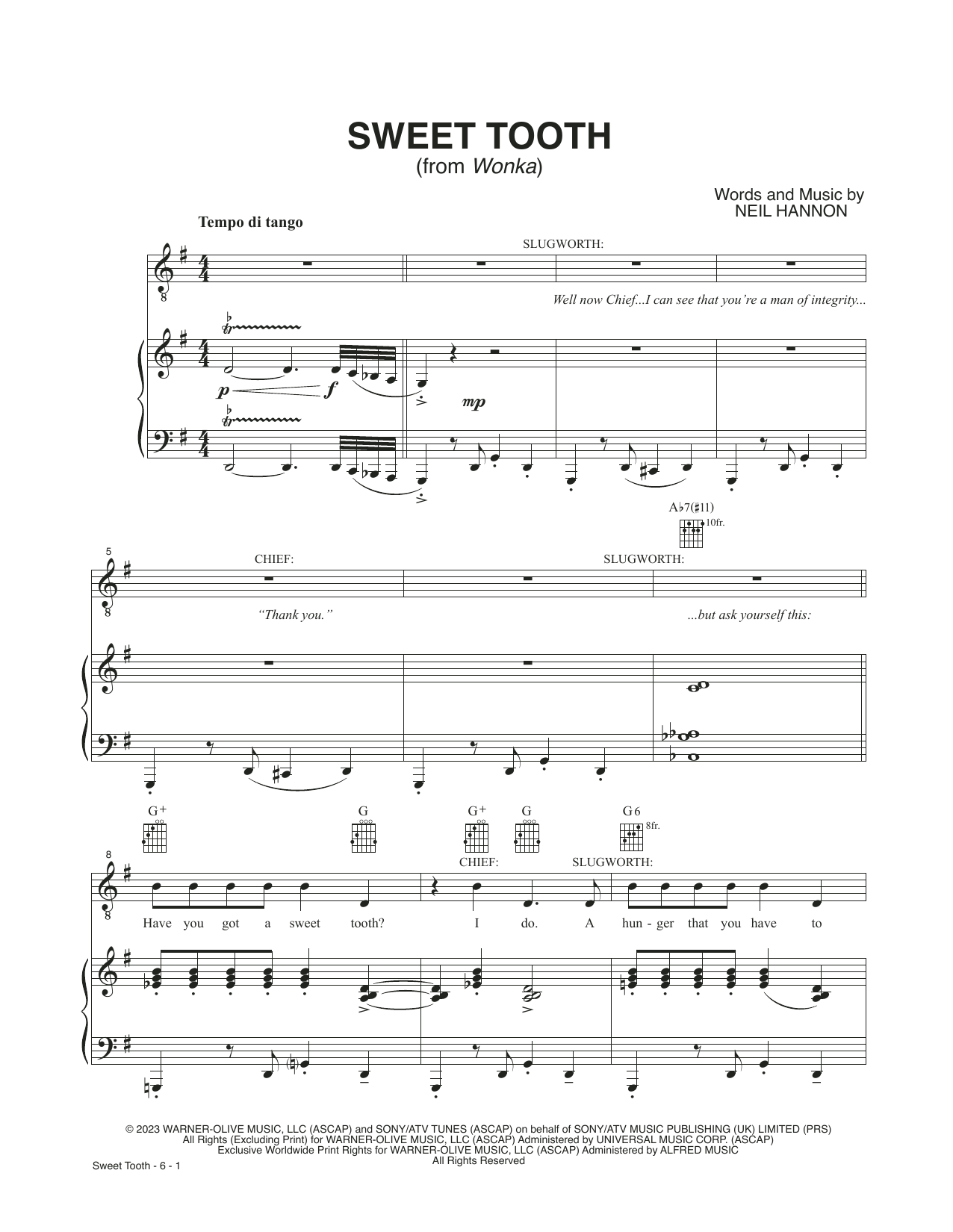 Neil Hannon Sweet Tooth (from Wonka) sheet music notes and chords arranged for Piano, Vocal & Guitar Chords (Right-Hand Melody)