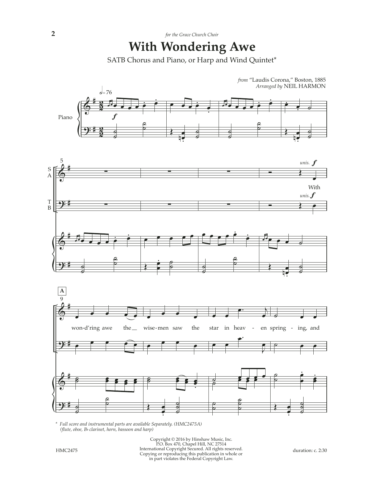 Neil Harmon With Wondering Awe sheet music notes and chords arranged for SATB Choir