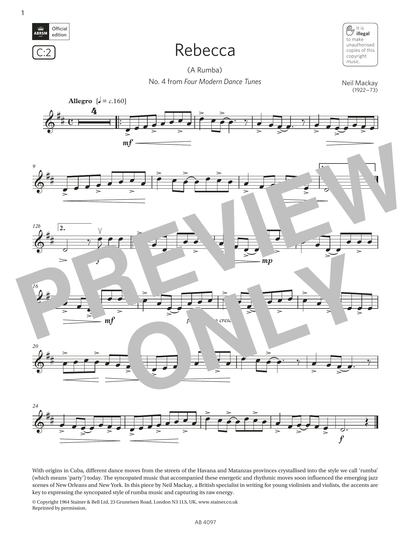 Neil Mackay Rebecca (A Rumba) (Grade 3, C2, from the ABRSM Violin Syllabus from 2024) sheet music notes and chords arranged for Violin Solo