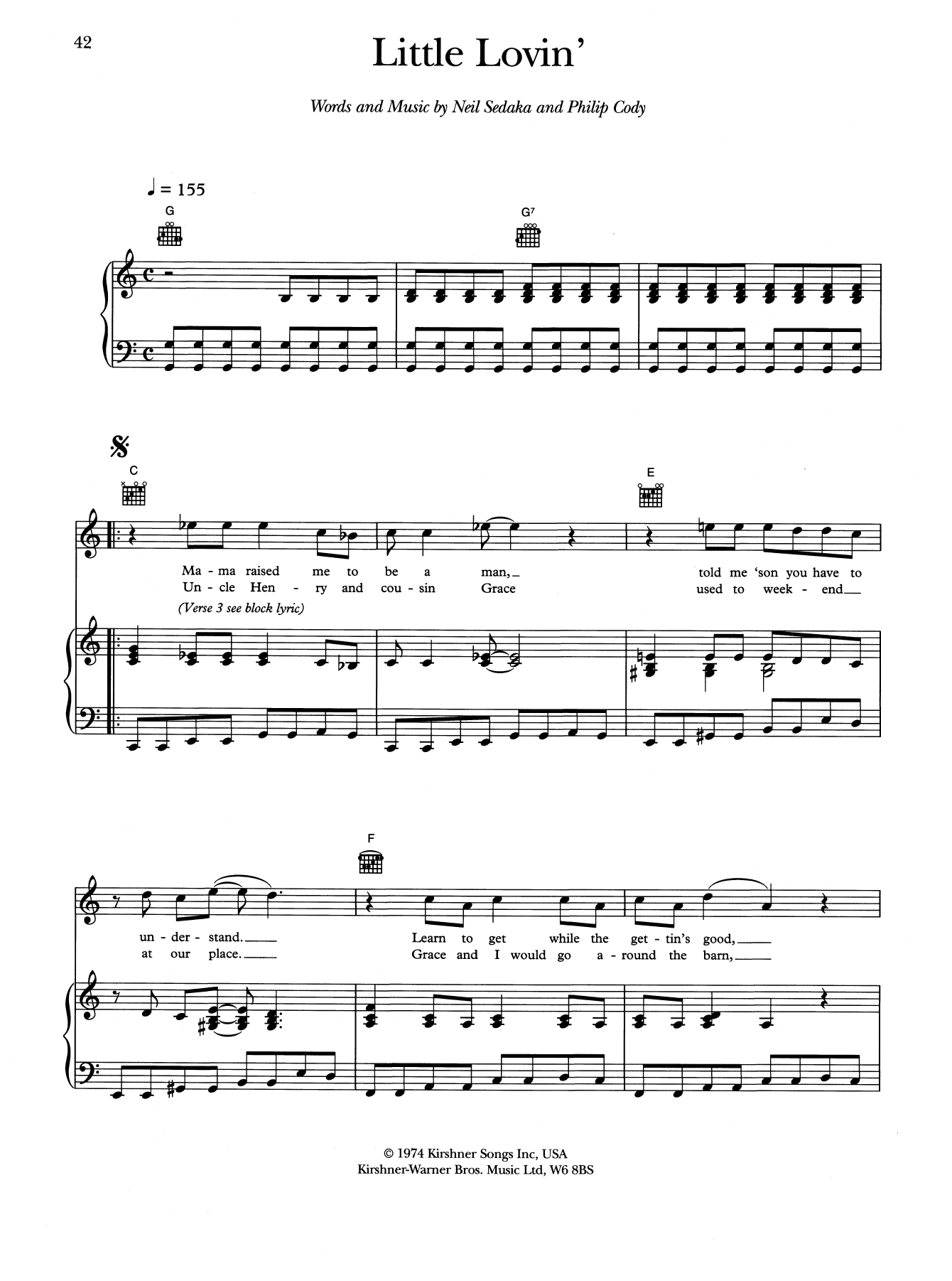Neil Sedaka A Little Lovin' sheet music notes and chords arranged for Piano, Vocal & Guitar Chords (Right-Hand Melody)
