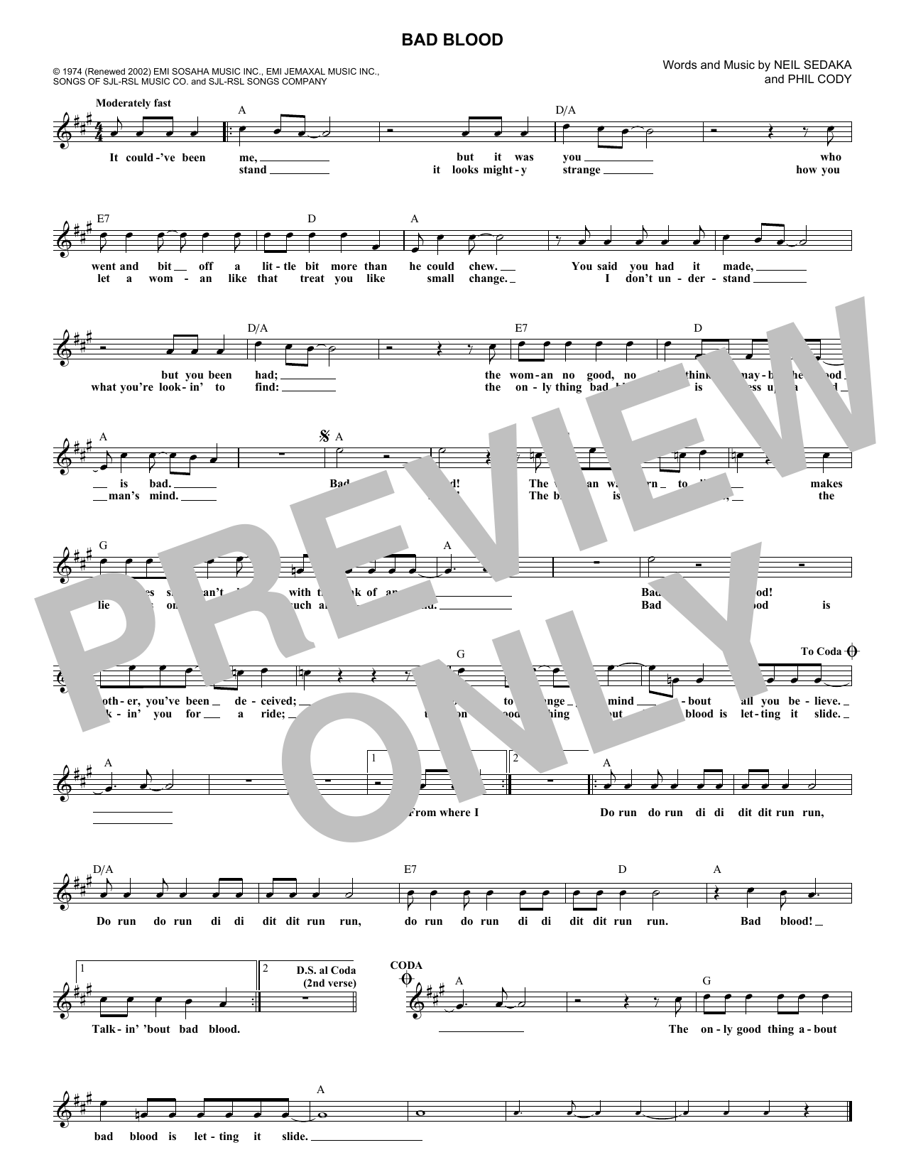 Neil Sedaka Bad Blood sheet music notes and chords arranged for Lead Sheet / Fake Book
