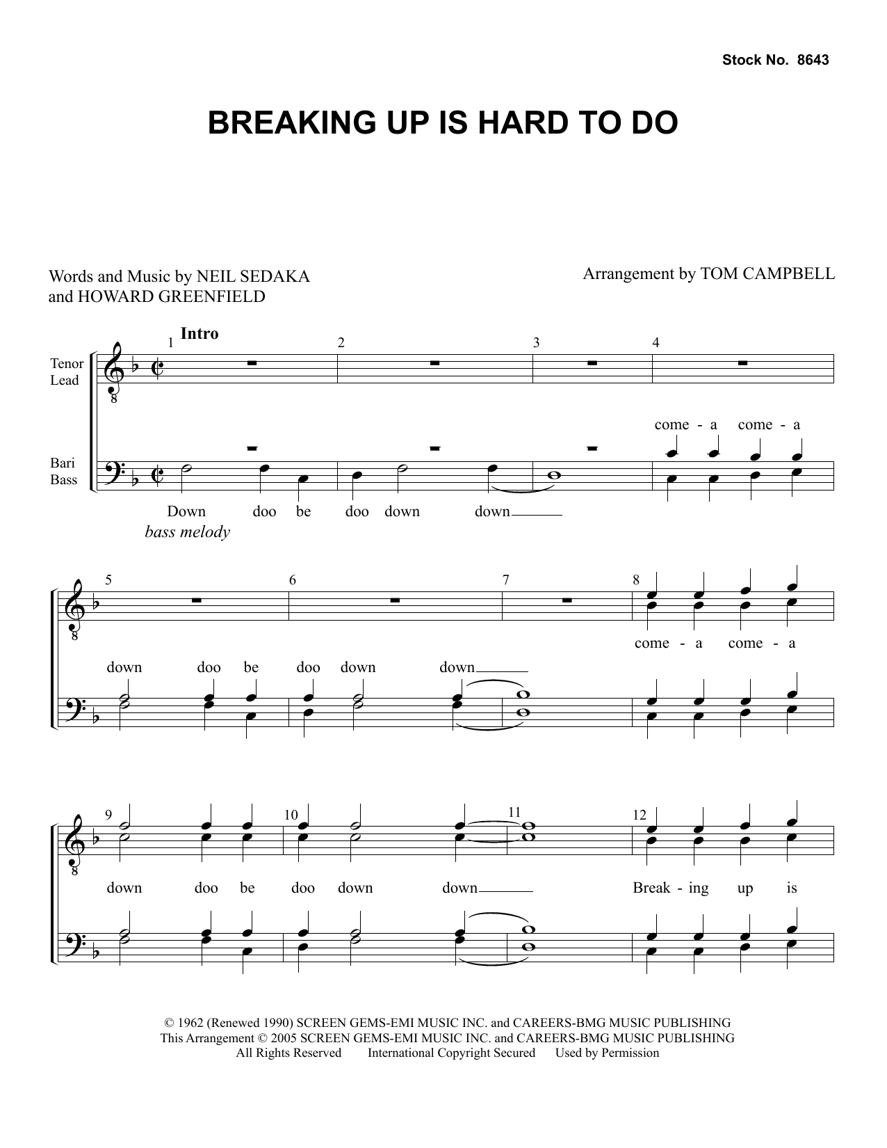 Neil Sedaka Breaking Up Is Hard To Do (arr. Tom Campbell) sheet music notes and chords arranged for TTBB Choir