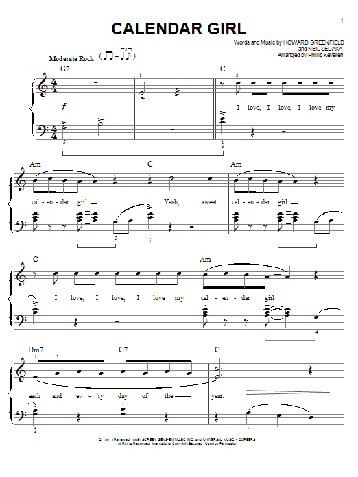 Neil Sedaka Calendar Girl (arr. Phillip Keveren) sheet music notes and chords arranged for Easy Piano