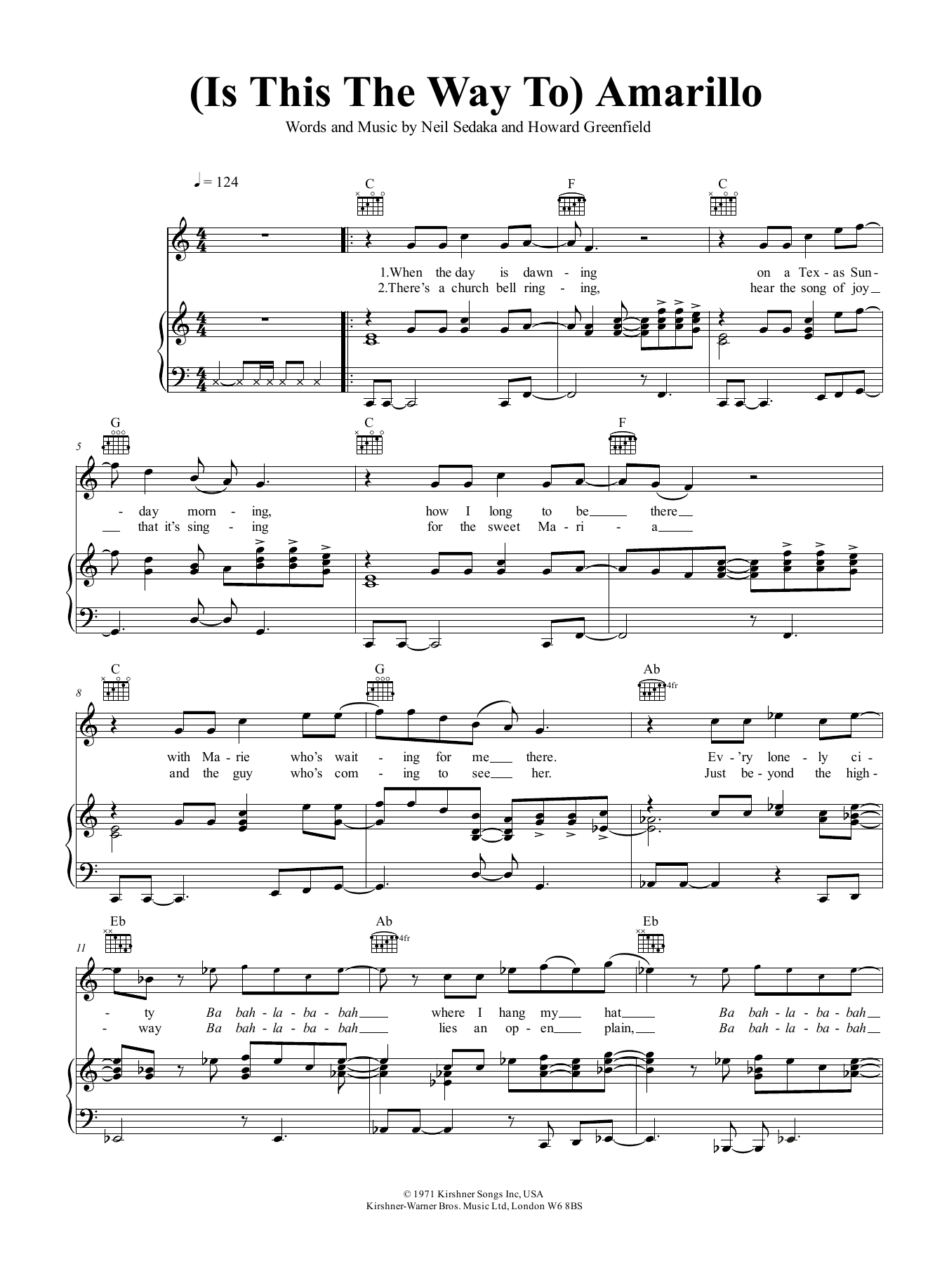 Neil Sedaka (Is This The Way To) Amarillo sheet music notes and chords arranged for Piano, Vocal & Guitar Chords (Right-Hand Melody)