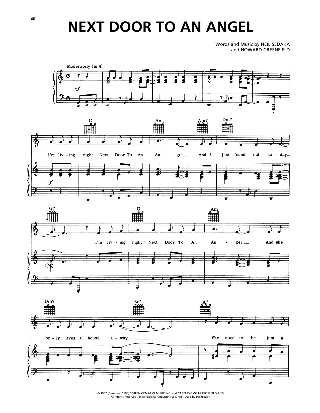 Neil Sedaka Next Door To An Angel sheet music notes and chords arranged for Piano, Vocal & Guitar Chords (Right-Hand Melody)