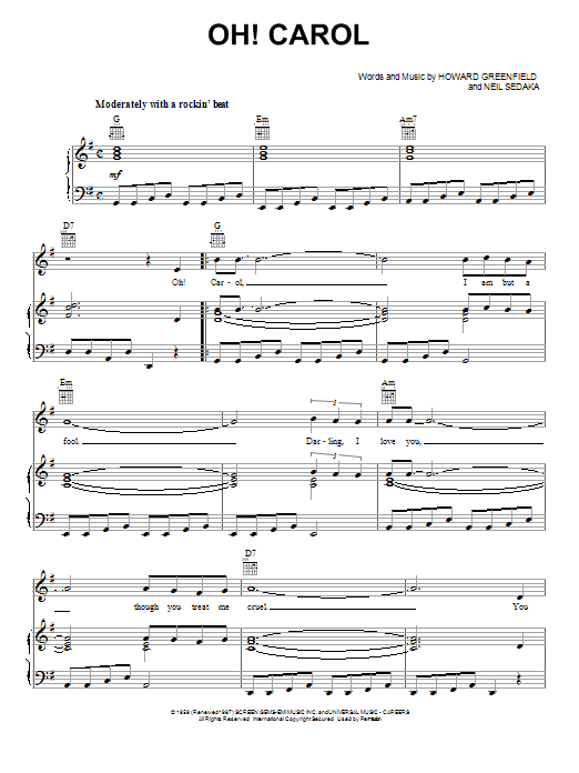 Neil Sedaka Oh! Carol sheet music notes and chords arranged for Piano, Vocal & Guitar Chords (Right-Hand Melody)
