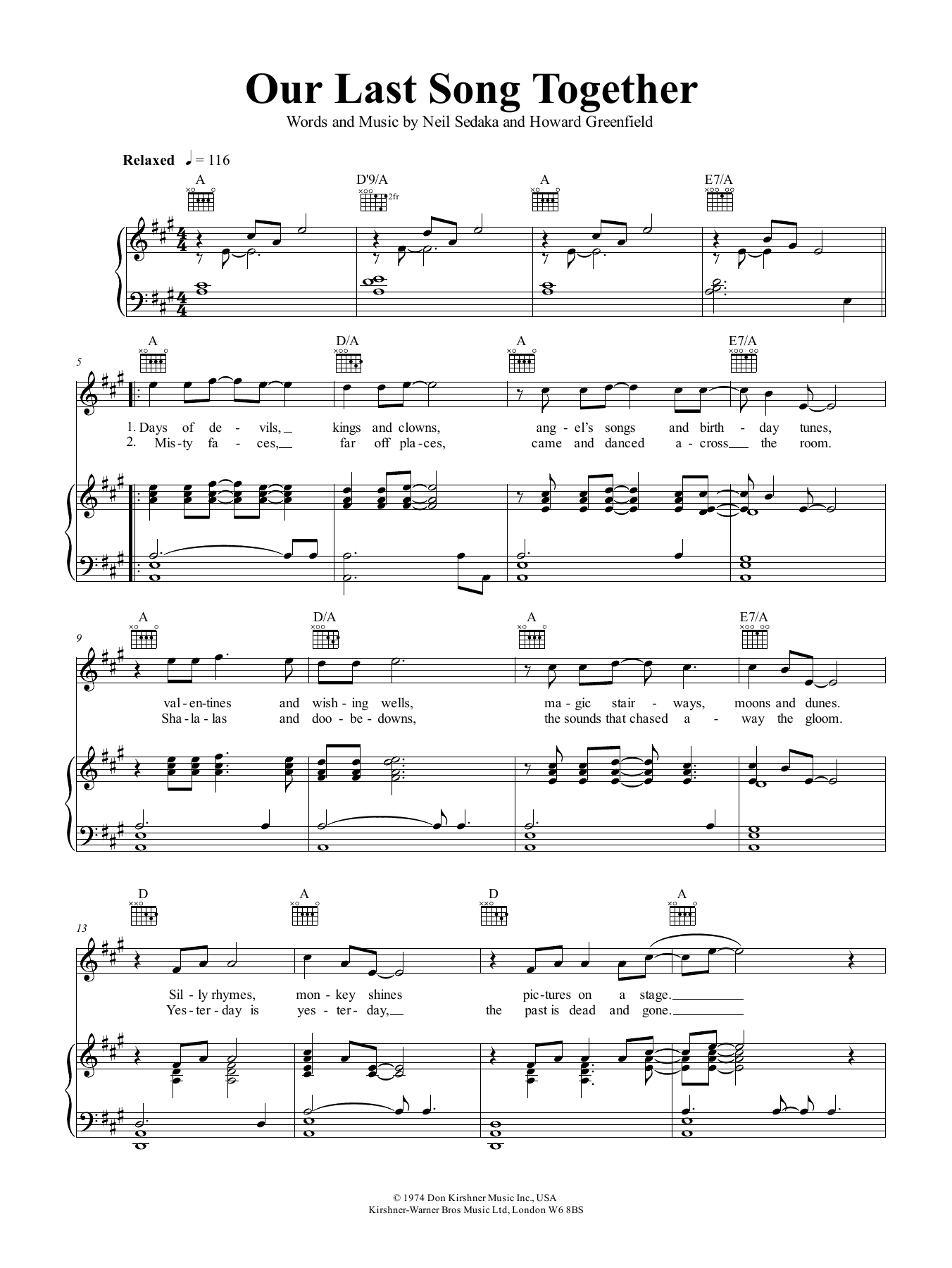 Neil Sedaka Our Last Song Together sheet music notes and chords arranged for Piano, Vocal & Guitar Chords (Right-Hand Melody)