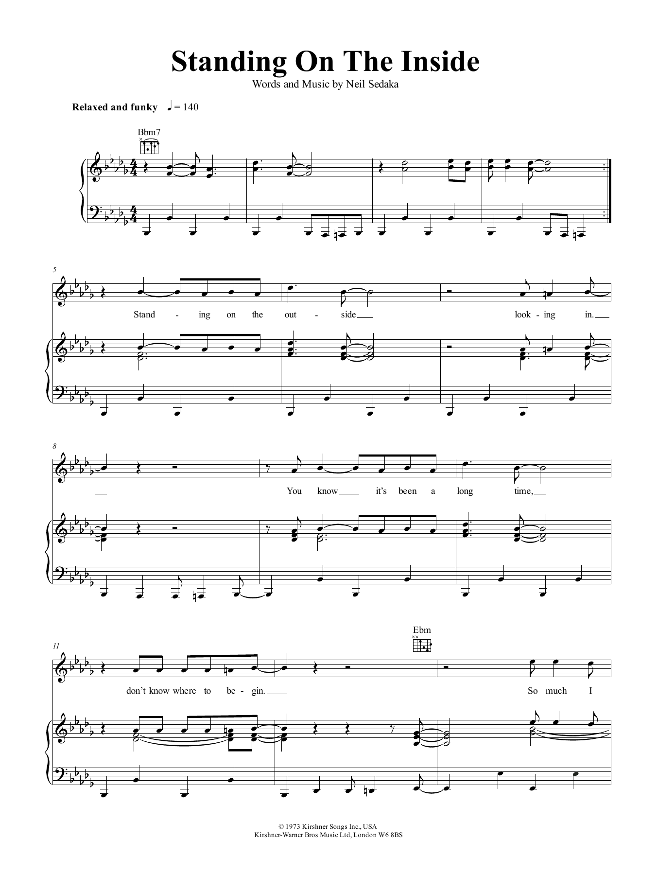 Neil Sedaka Standing On The Inside sheet music notes and chords arranged for Piano, Vocal & Guitar Chords (Right-Hand Melody)