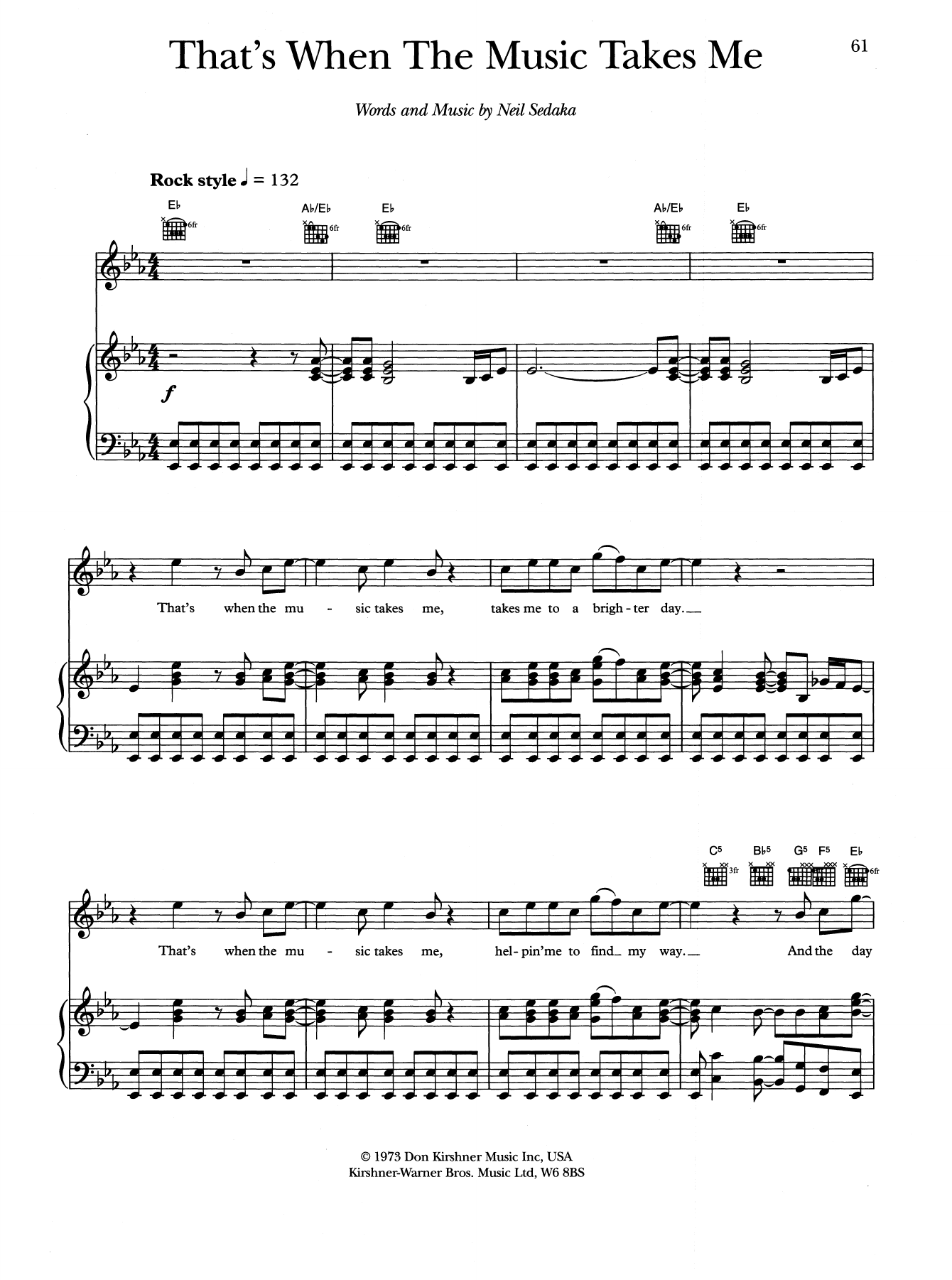 Neil Sedaka That's When The Music Takes Me sheet music notes and chords arranged for Piano, Vocal & Guitar Chords (Right-Hand Melody)