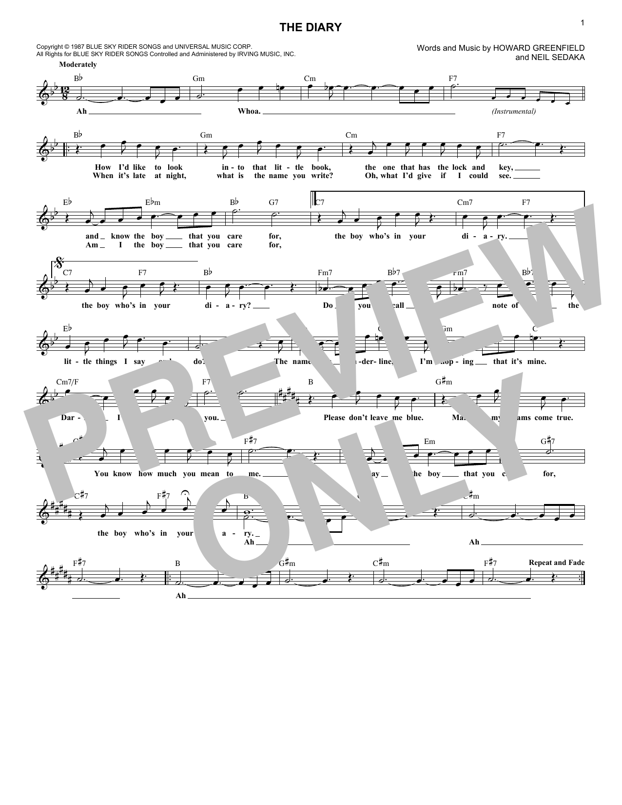 Neil Sedaka The Diary sheet music notes and chords arranged for Lead Sheet / Fake Book