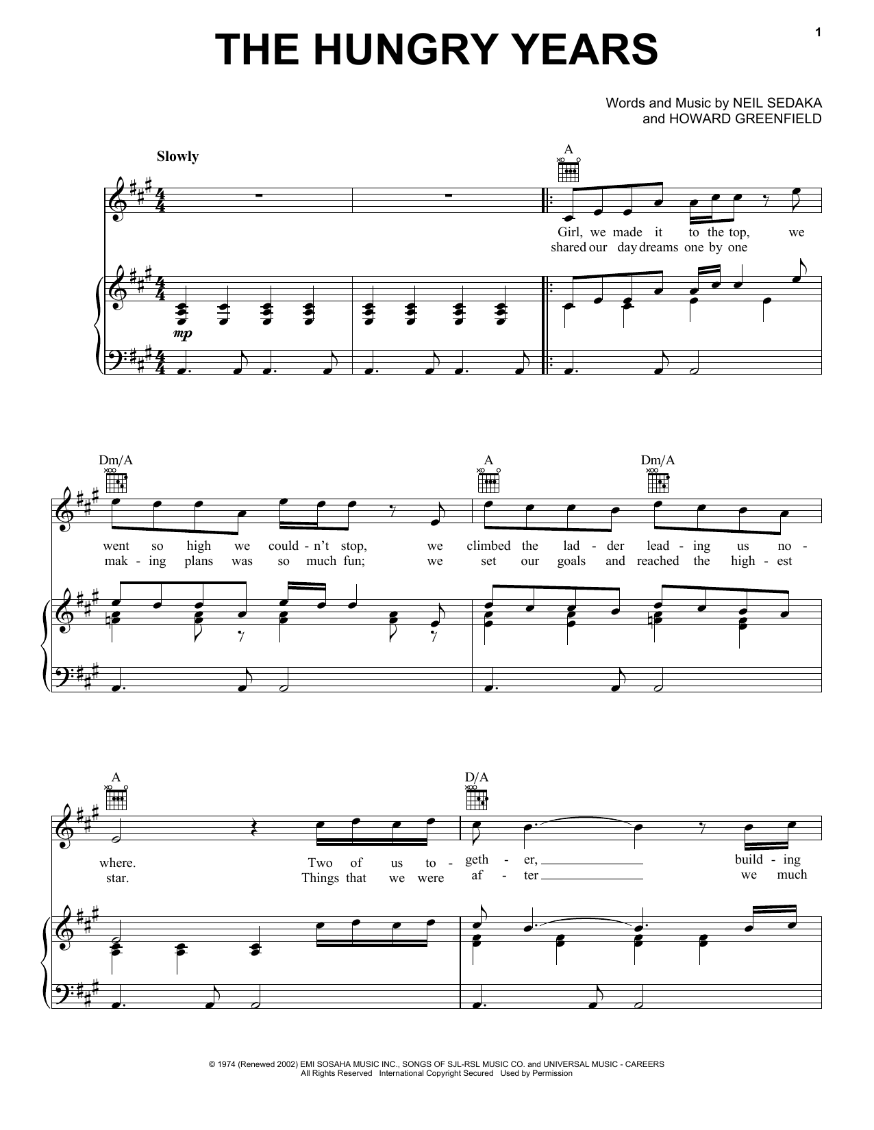 Neil Sedaka The Hungry Years sheet music notes and chords arranged for Piano, Vocal & Guitar Chords (Right-Hand Melody)