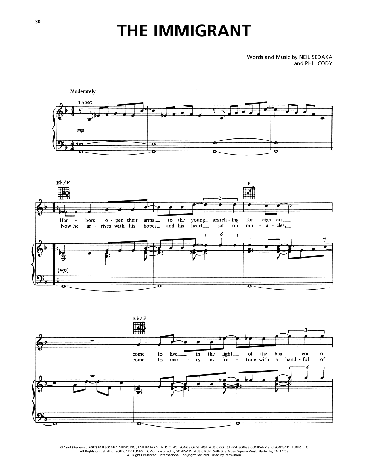 Neil Sedaka The Immigrant sheet music notes and chords arranged for Piano, Vocal & Guitar Chords (Right-Hand Melody)