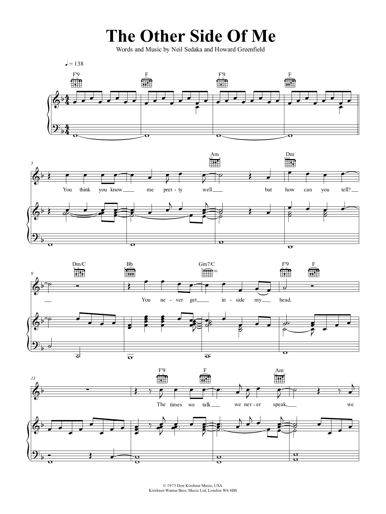 Neil Sedaka The Other Side Of Me sheet music notes and chords arranged for Piano, Vocal & Guitar Chords (Right-Hand Melody)