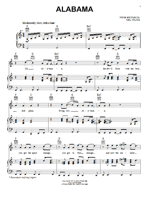 Neil Young Alabama sheet music notes and chords arranged for Easy Guitar Tab