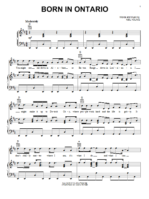 Neil Young Born In Ontario sheet music notes and chords arranged for Piano, Vocal & Guitar Chords (Right-Hand Melody)